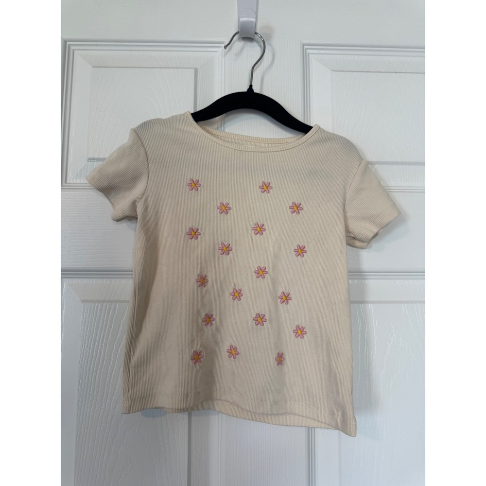 Zara Kids Girls Cream Ribbed Short Sleeve Daisy Embroidered T-Shirt 4Y 104cm